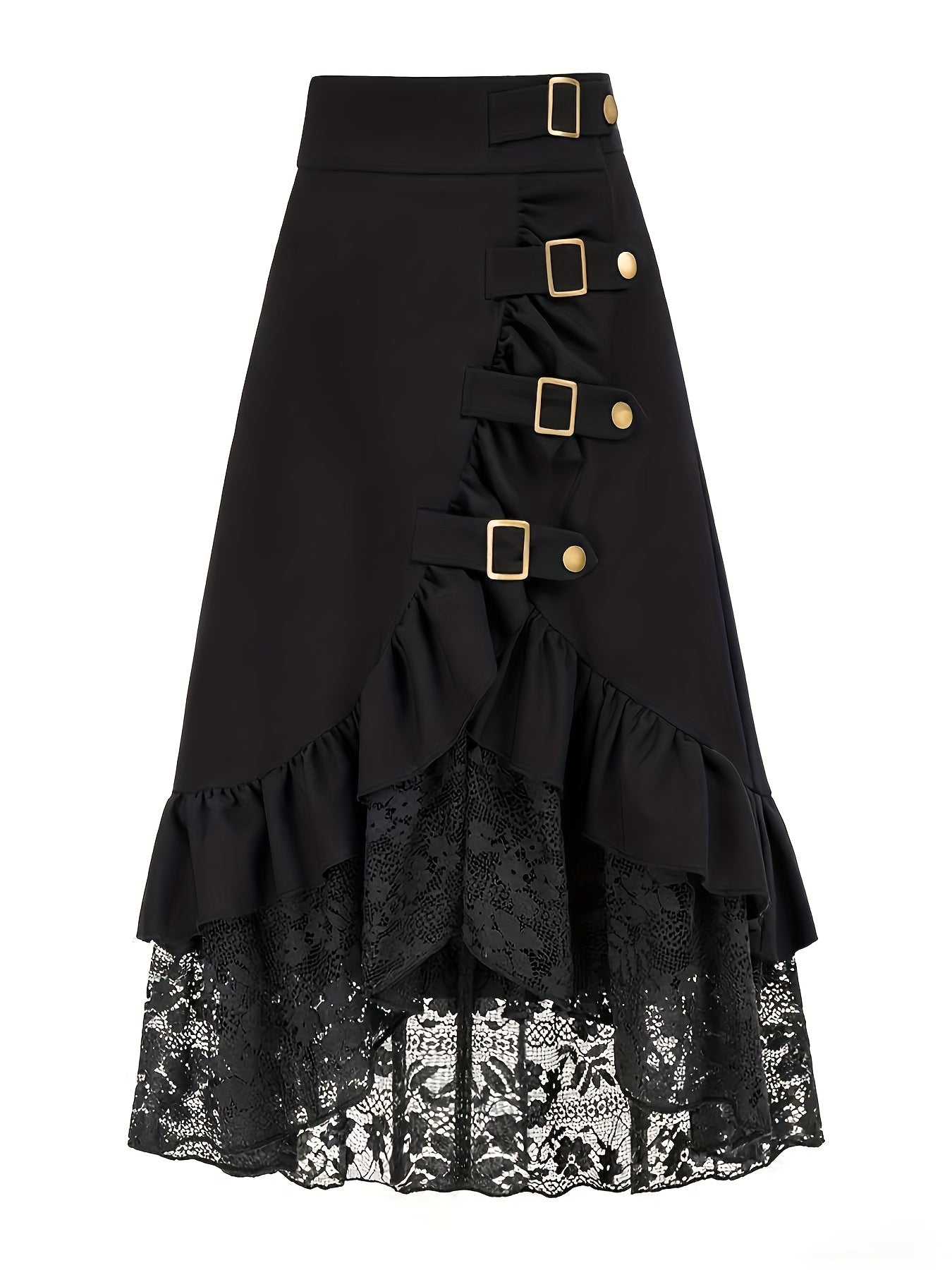 Gotik etek – yüksek bel dantelli ruffled tasarım, metal tokalı dramatik görünüm | Şimdi Keşfet 🖤✨