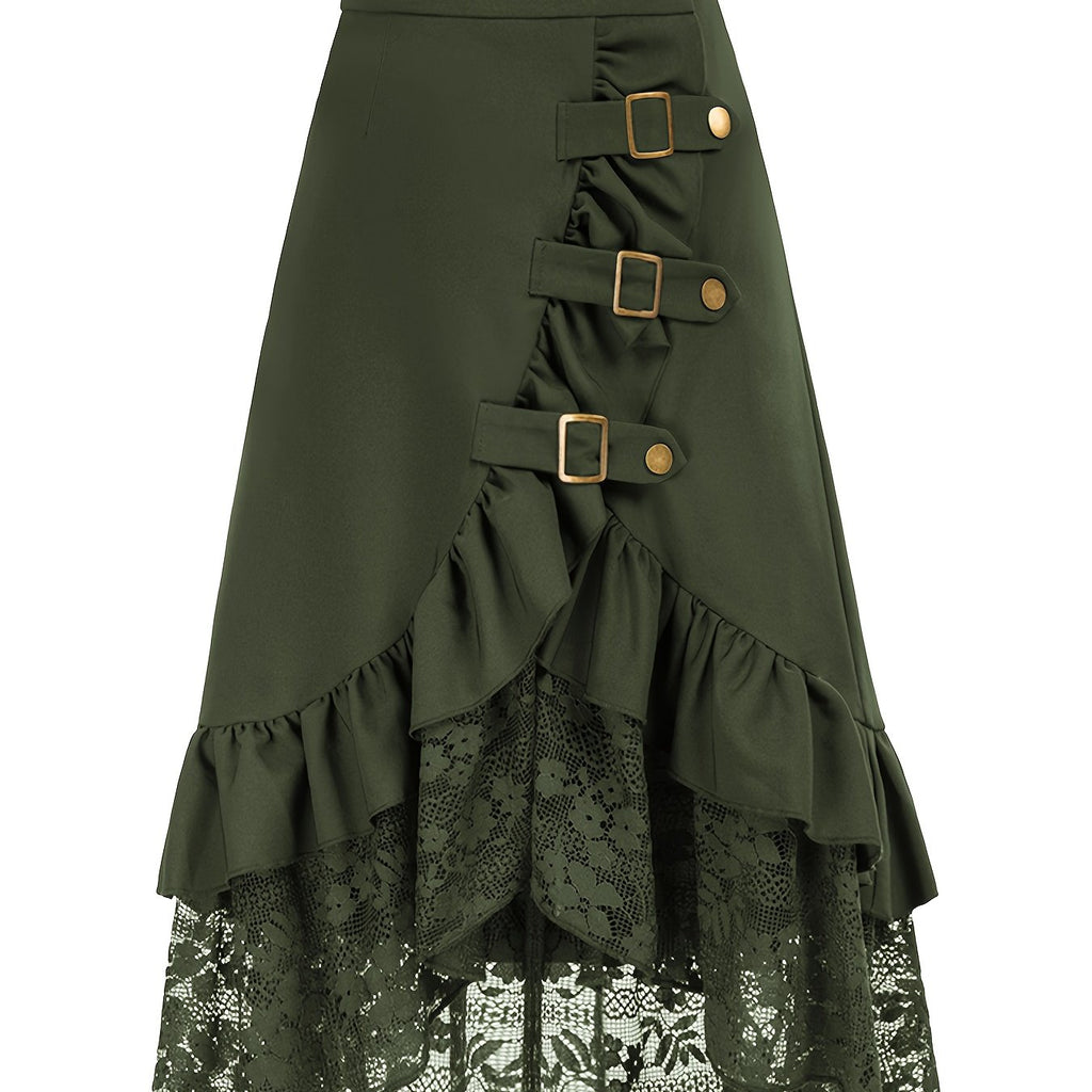 Gotik etek – yüksek bel dantelli ruffled tasarım, metal tokalı dramatik görünüm | Şimdi Keşfet 🖤✨