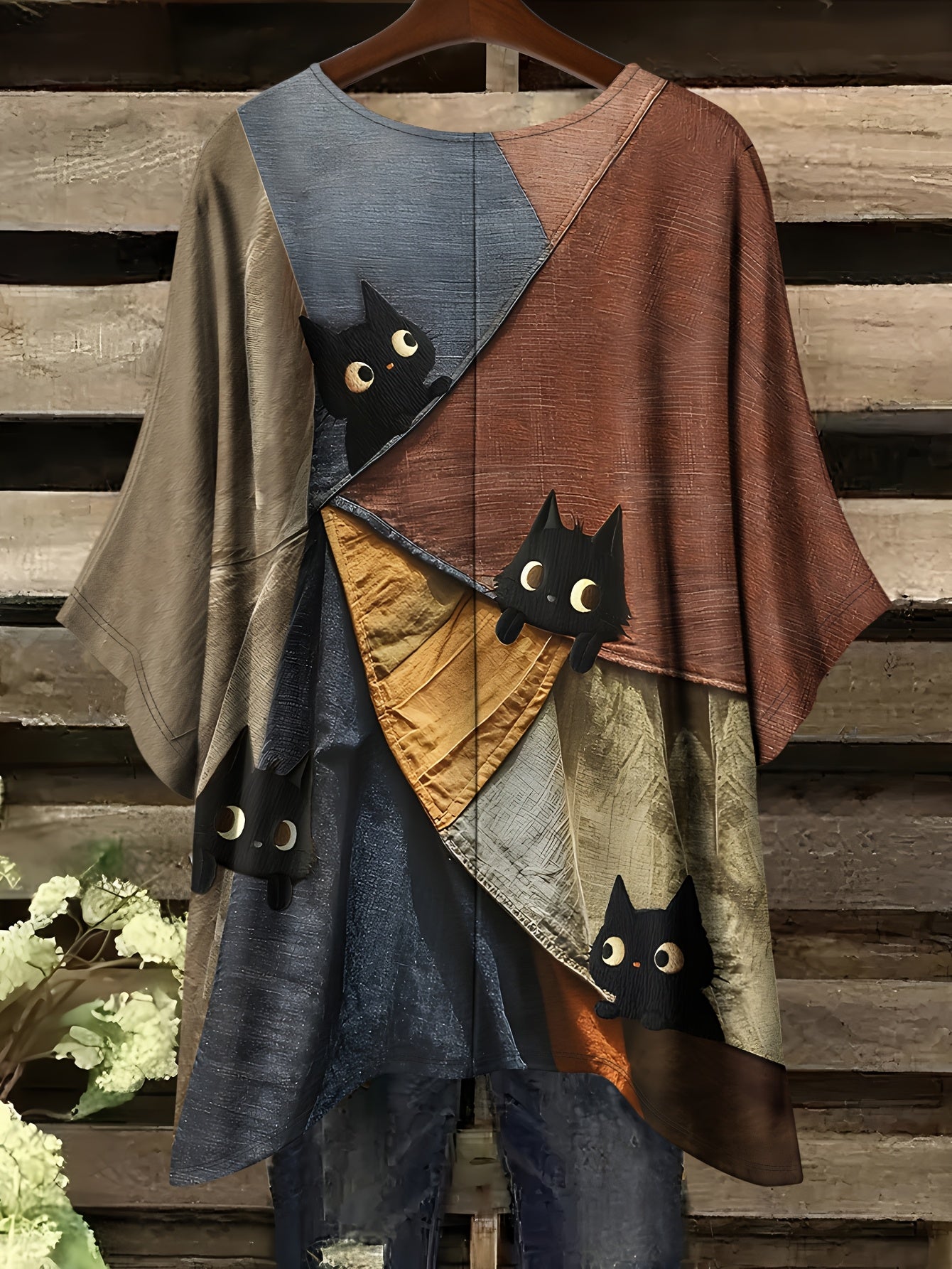 “Bohem Bluz Asimetrik Kedili Patchwork Tasarım – Özgün Boho Stil ile Fark Yarat! ✨ Şimdi Keşfet